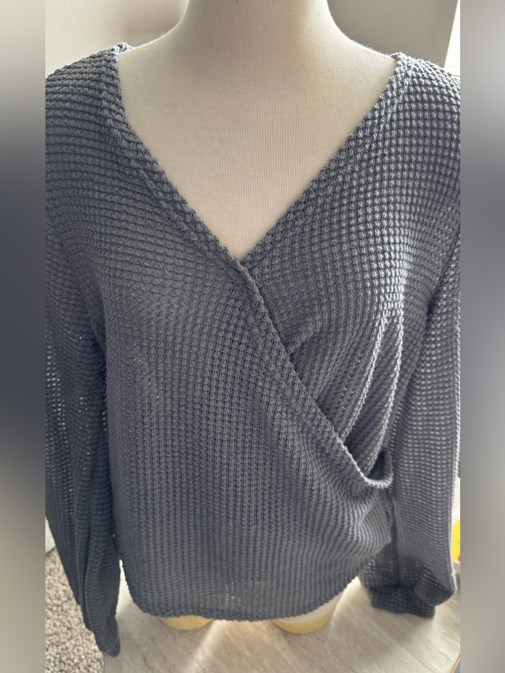 Waffle Knit Wrap-Front Sweater — Charcoal